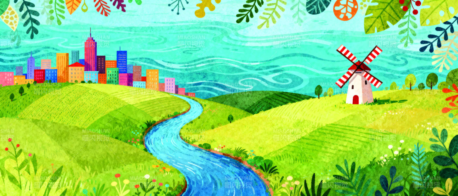 绿野溪流城景图图片