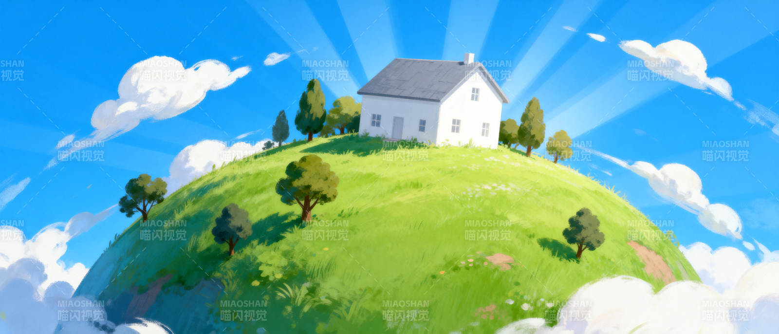 绿丘上的小屋图片