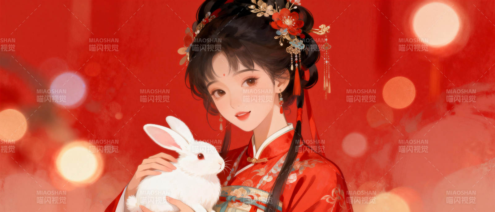 红衣少女抱兔图片