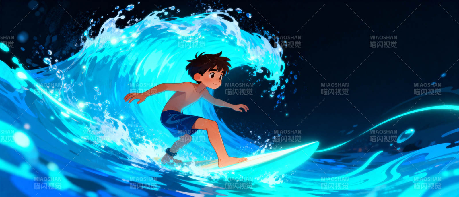 少年冲浪夜海图片