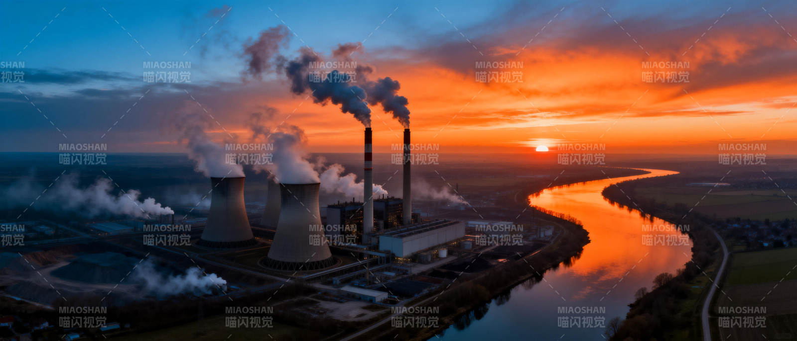 夕阳下的电厂风光图片