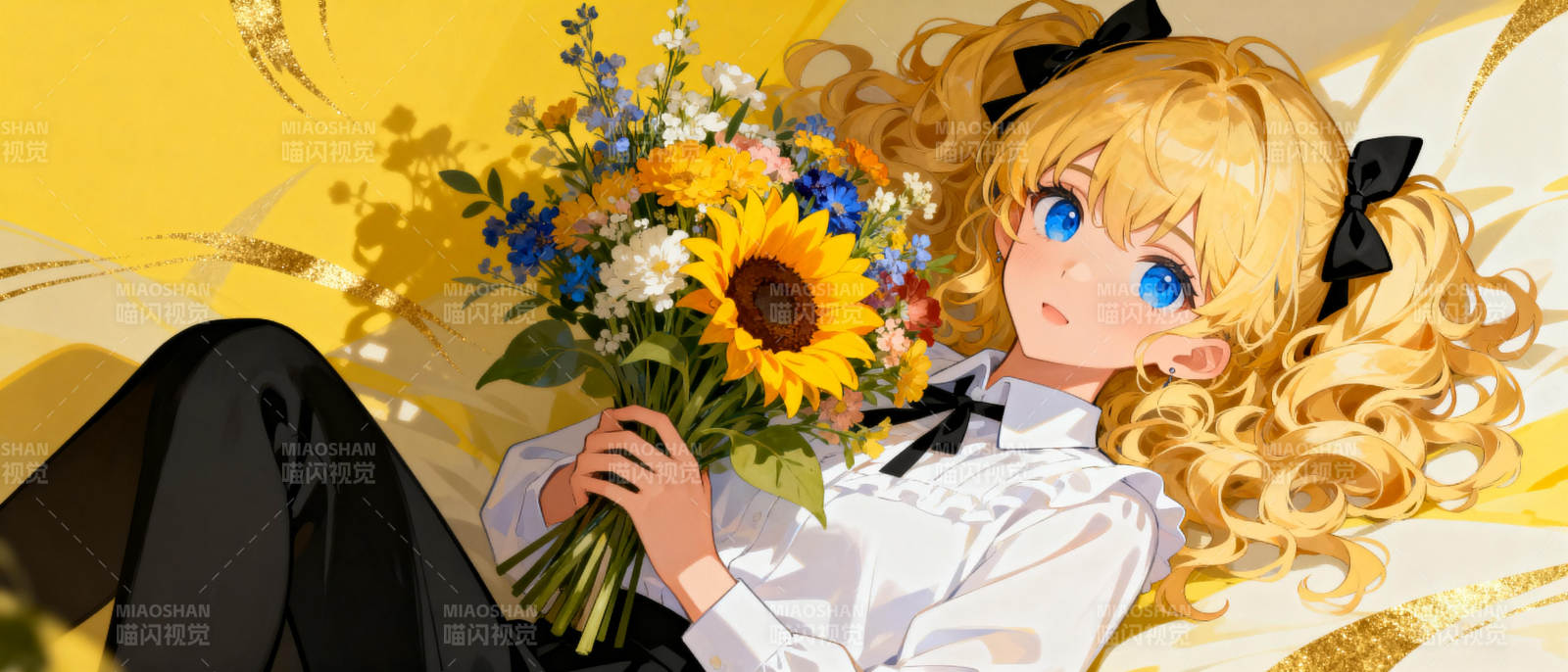 金发少女与花束图片