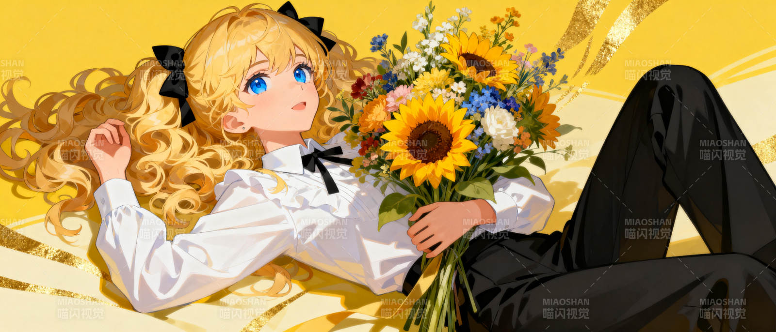 金发少女与花束图片