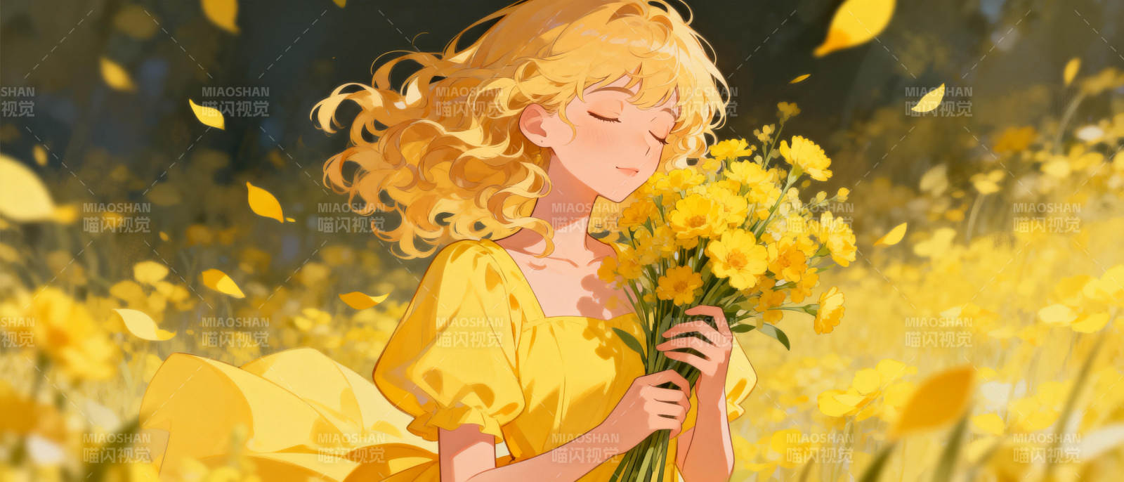 金发少女与花海图片