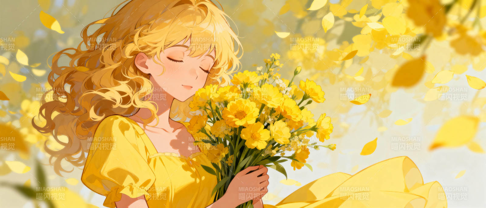 金发少女与花图片