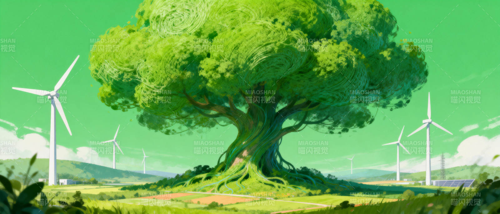 绿树与风车图片
