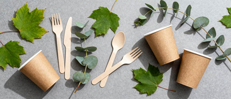 环保餐具与绿叶图片