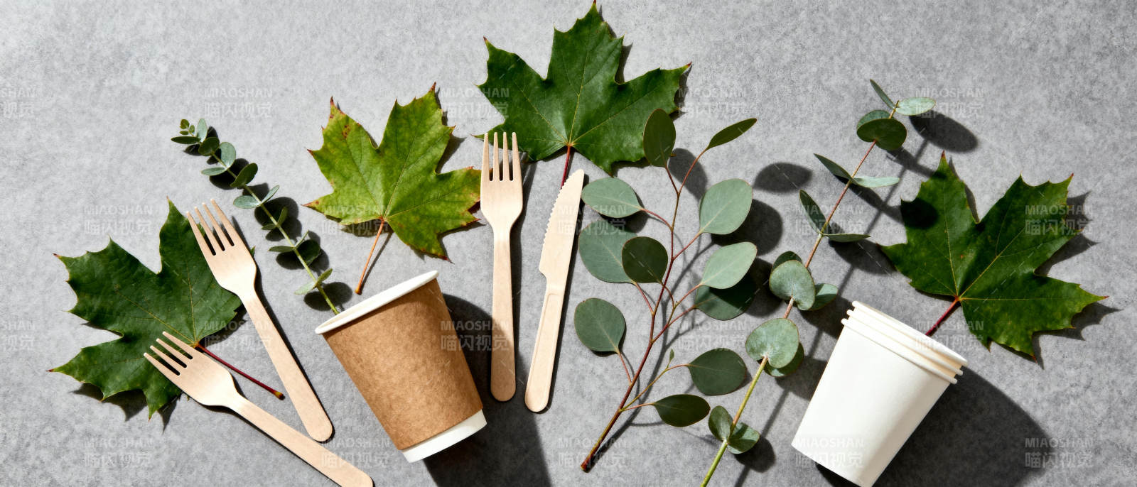 环保餐具与绿叶图片
