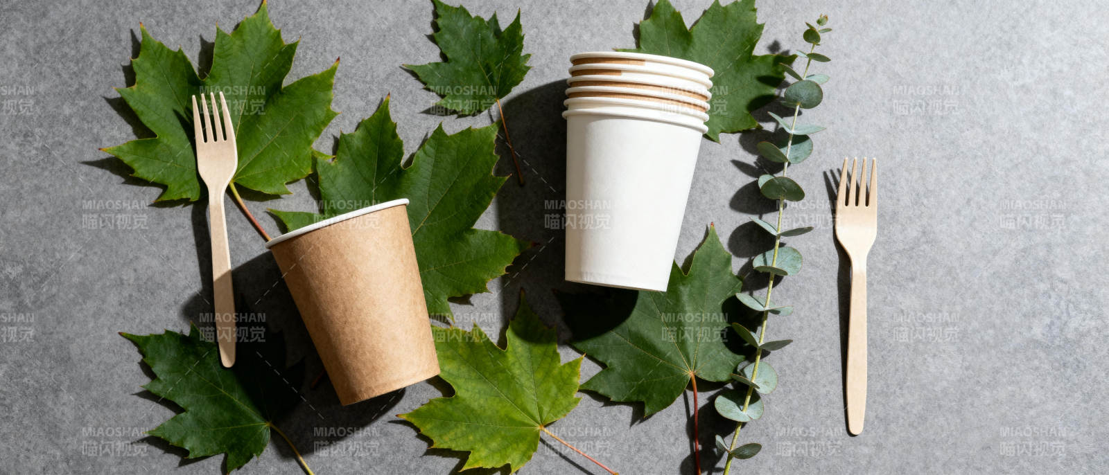 环保餐具与绿叶图片