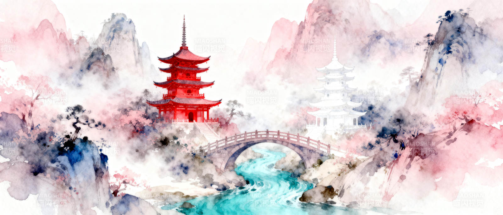 山水画中红塔桥图片