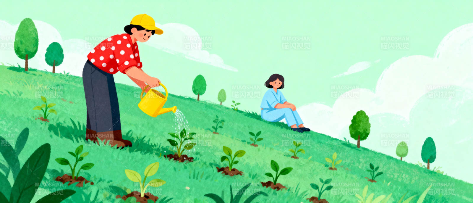 园中浇花 静坐赏景图片