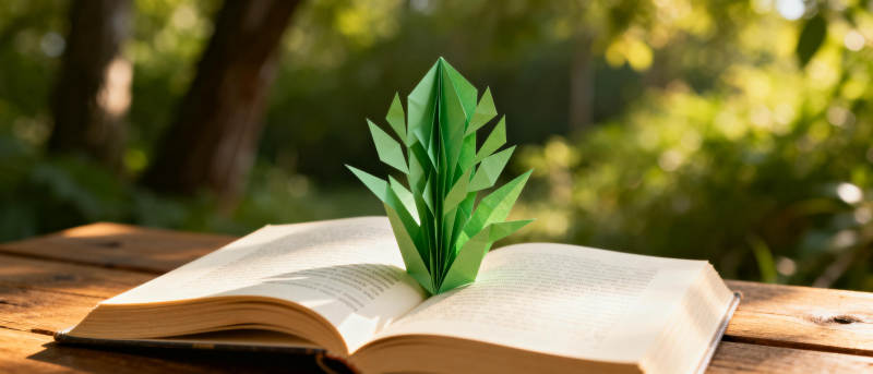 书页上的绿叶折纸图片