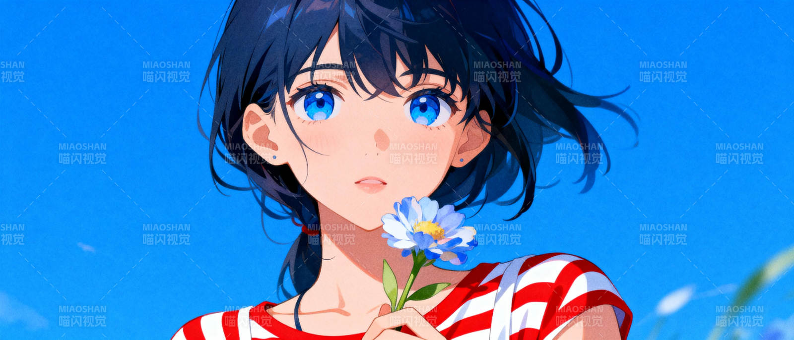 蓝眸少女与花图片