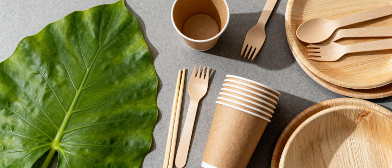 环保餐具与绿叶图片