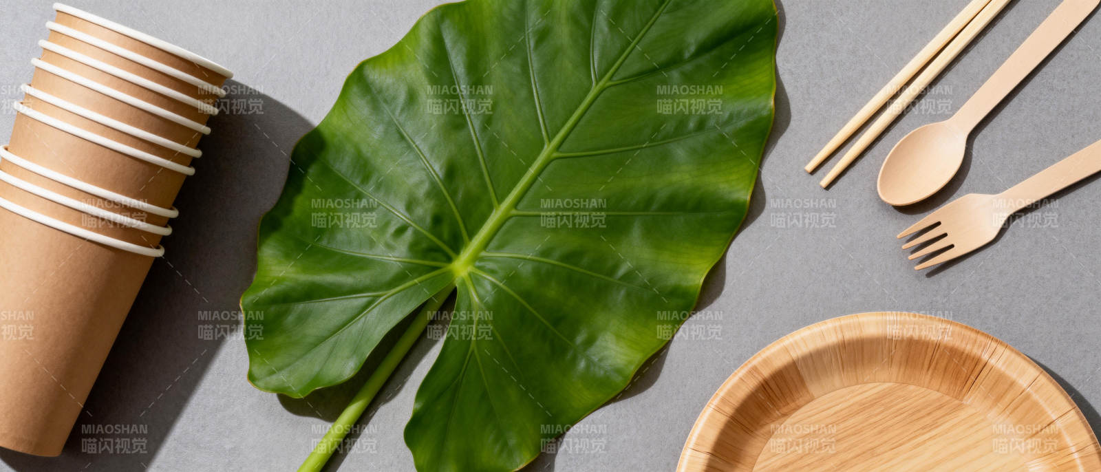 环保餐具与绿叶图片