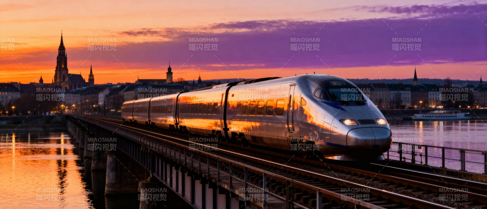 夕阳下的高速列车图片
