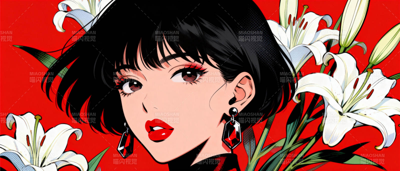 红唇女子与白花图片