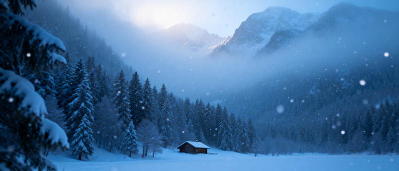 雪夜山居静谧景图片