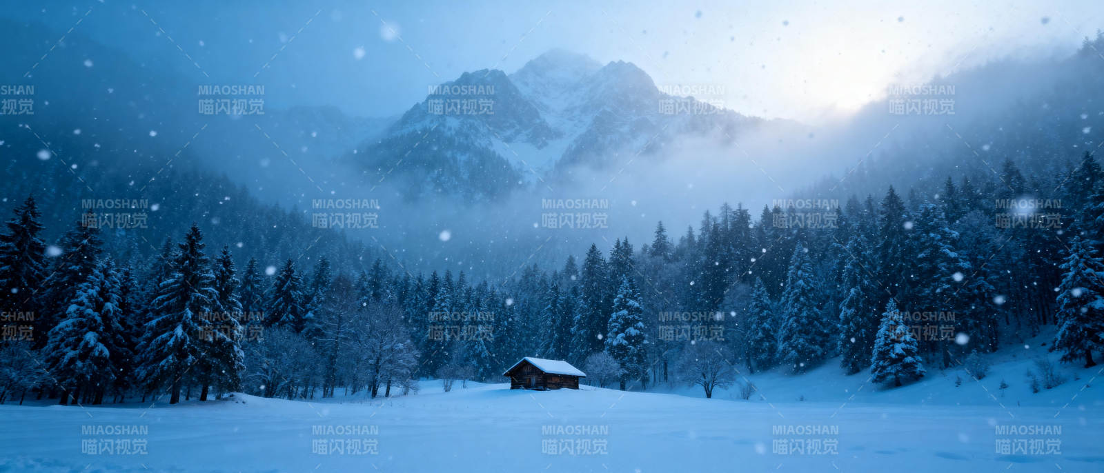 雪夜山居静谧景图片