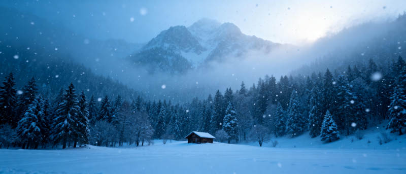 雪夜山居静谧景图片