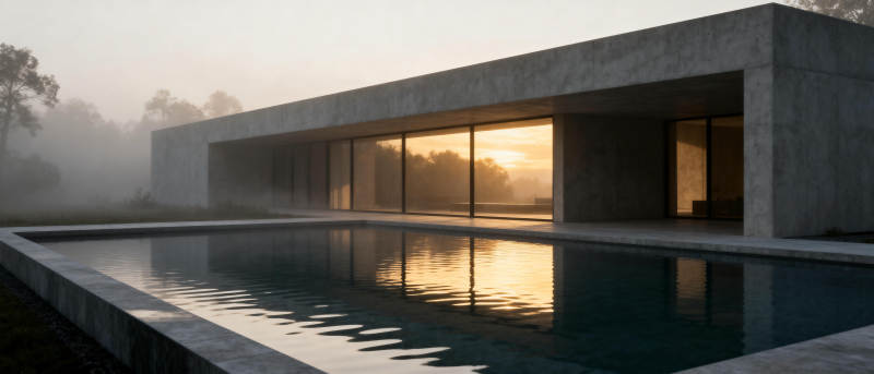 晨雾中的现代泳池图片