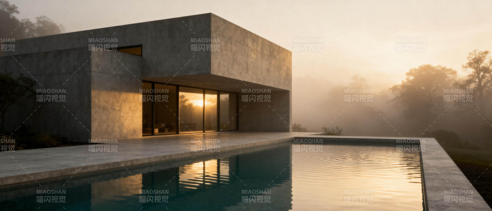 现代建筑与泳池晨景图片