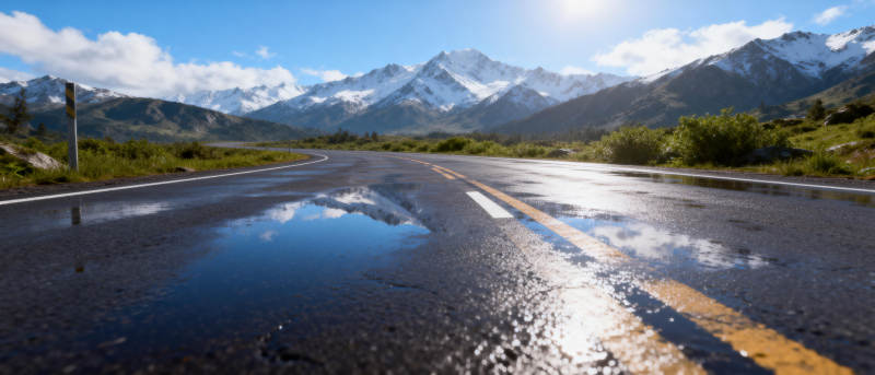 雨后山路映雪山图片