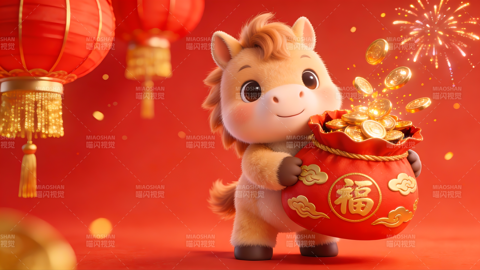 马年小马迎春纳福3D插画场景图片