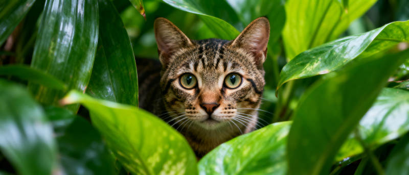 绿叶中的虎斑猫图片
