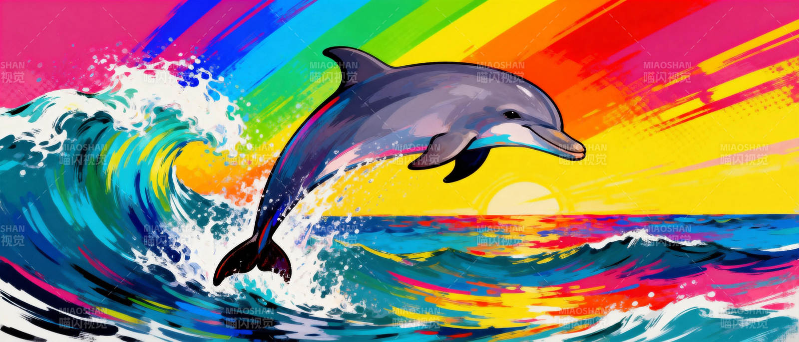 彩虹海豚跃浪图片