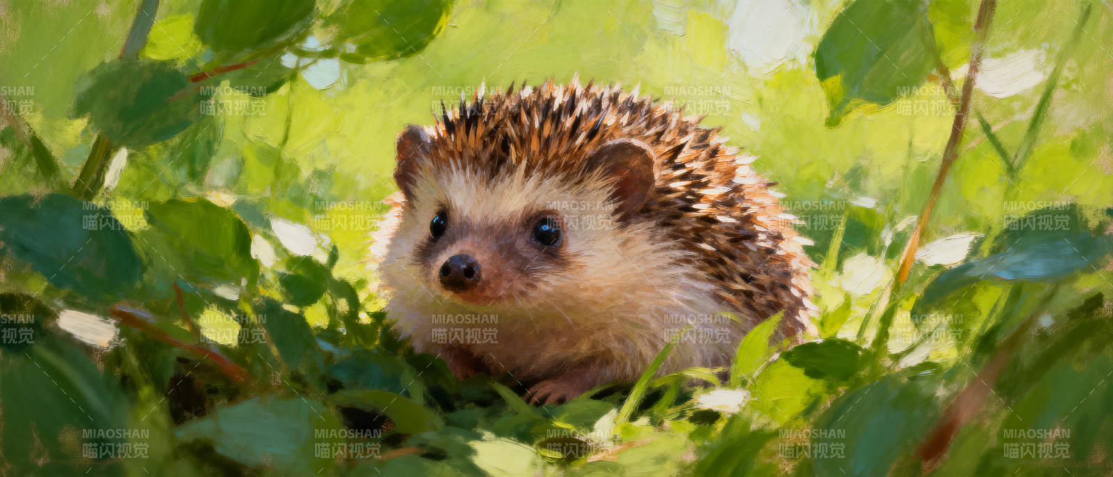 小刺猬在绿叶中图片