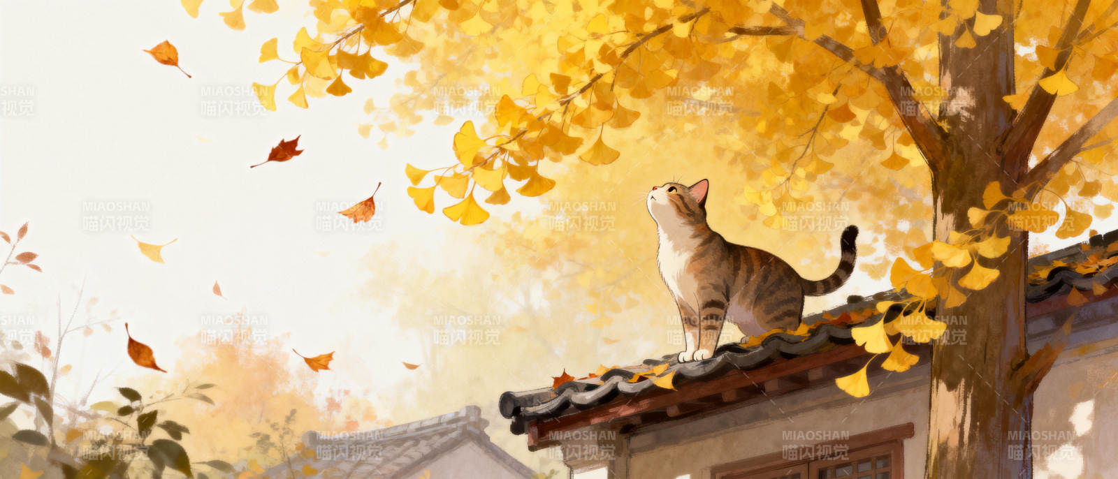 秋日屋檐猫影图片