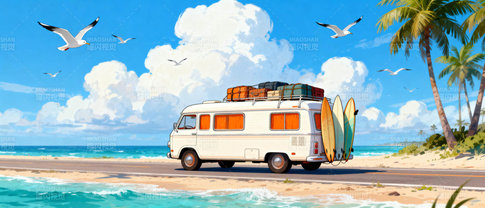 海滩上的复古露营车图片