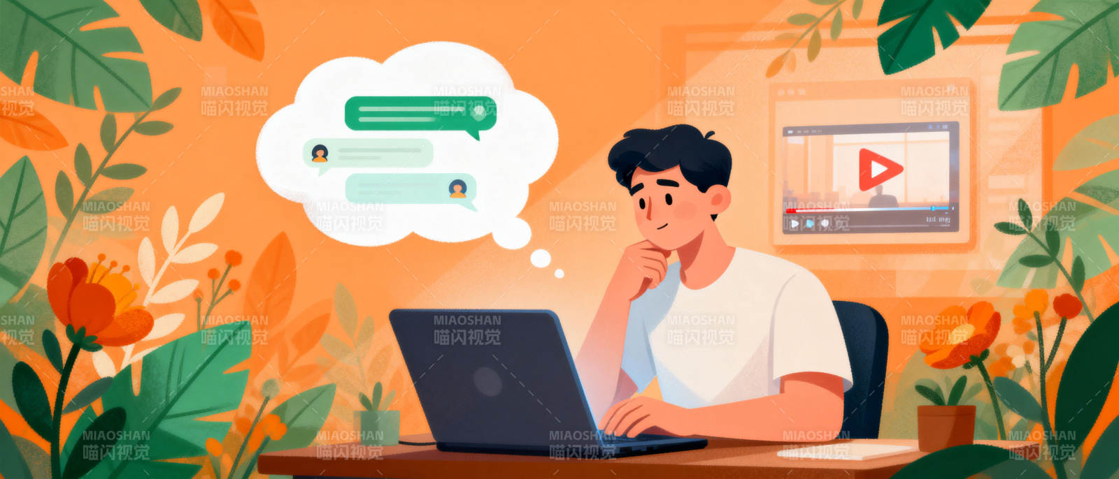 居家办公思考中图片