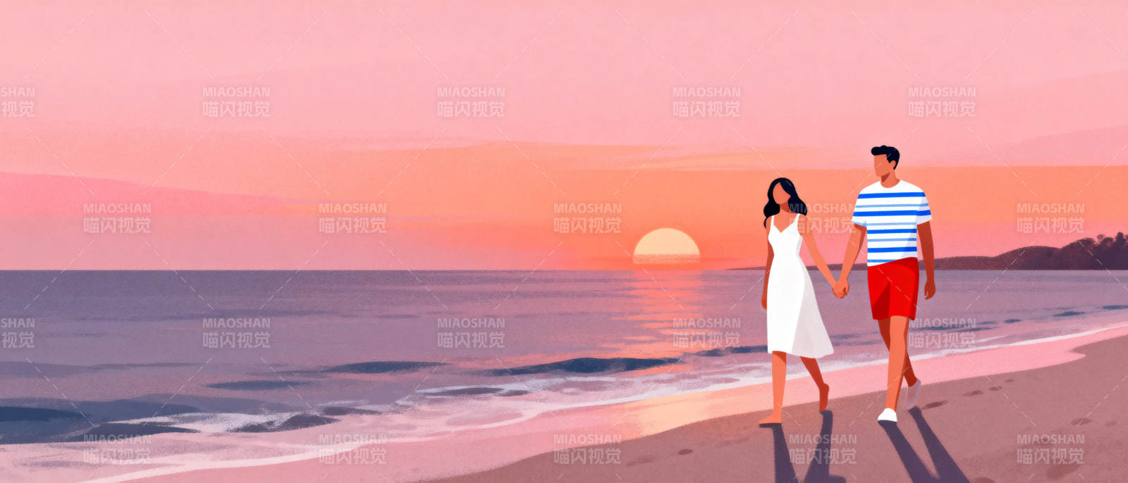夕阳下的海边情侣图片
