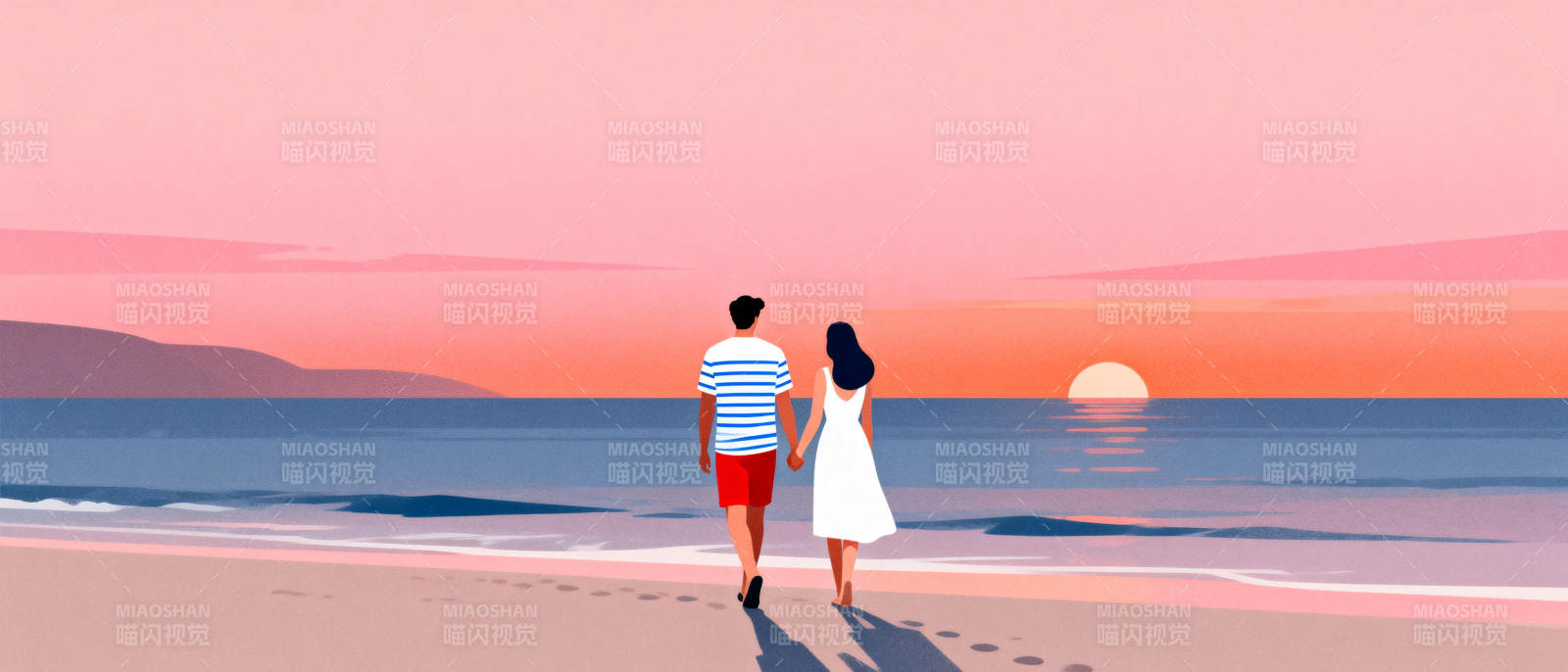 夕阳下的海滩情侣图片