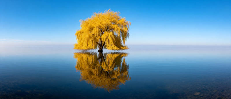 孤树映水 秋色如画图片