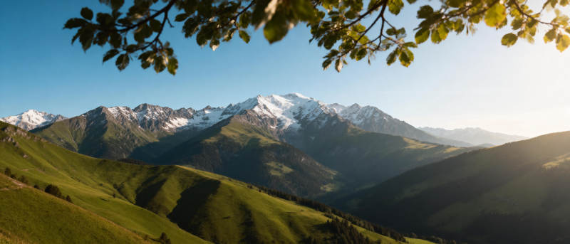 雪山绿谷晨光图片