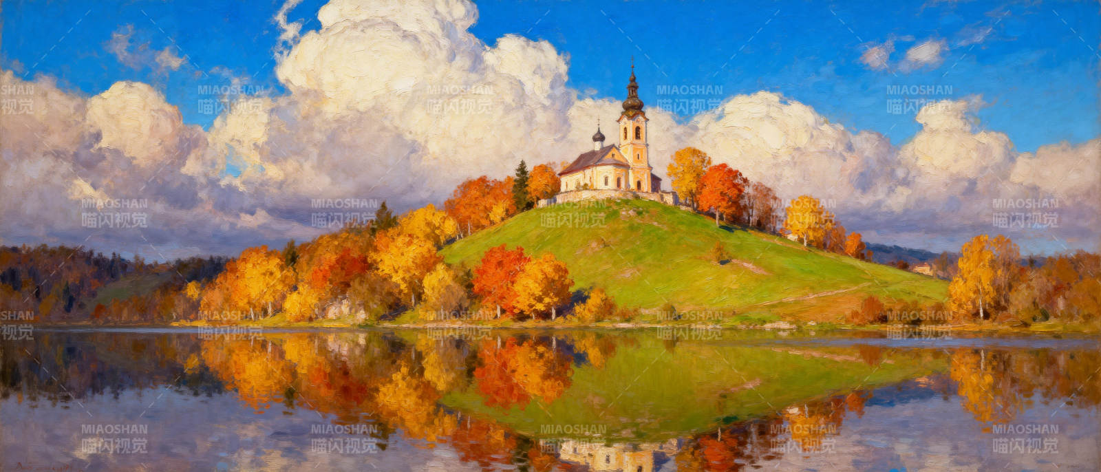 秋湖教堂倒影图片