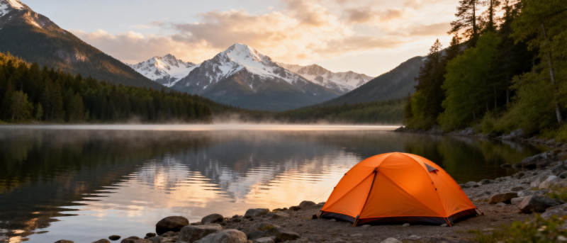 湖畔橙帐映山景图片