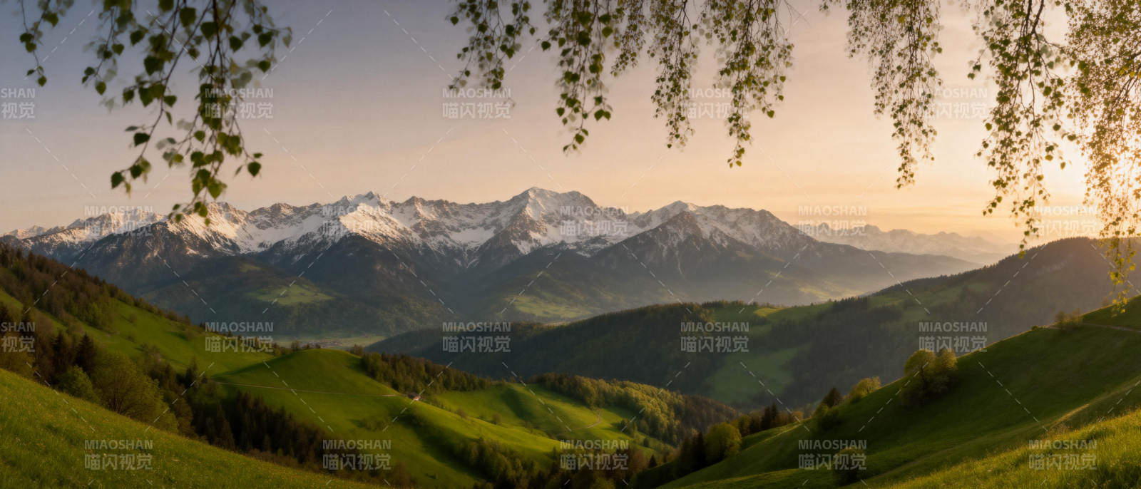 雪山绿谷晨曦图片