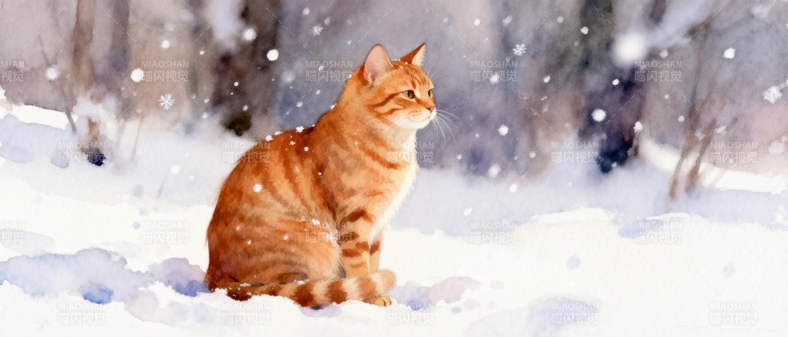 雪中橙猫静坐图片