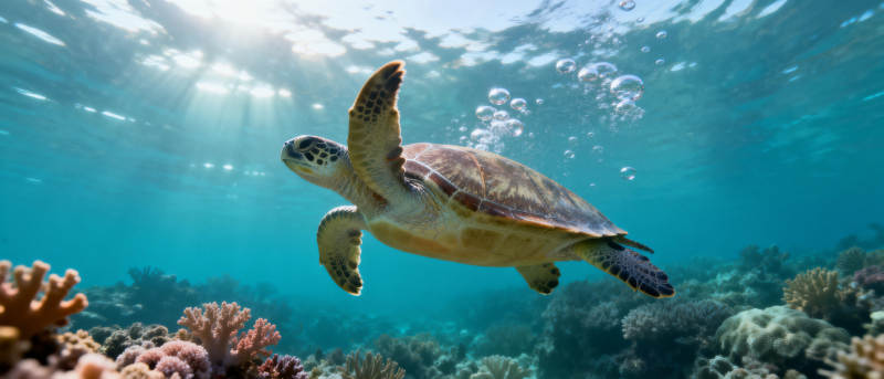 海龟游弋珊瑚礁图片