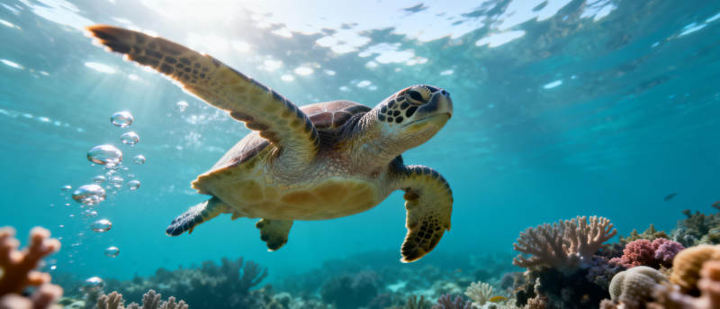 海龟游弋珊瑚礁图片