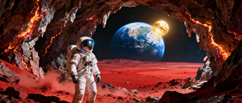 宇航员探秘火星洞穴图片