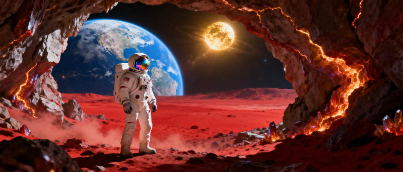 宇航员探秘火星洞穴图片