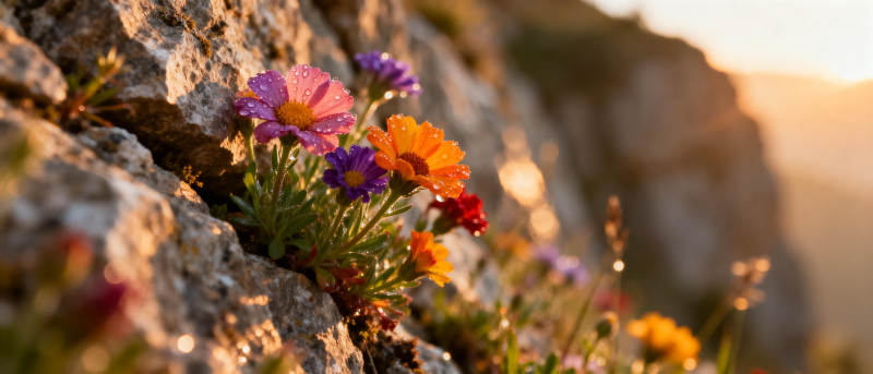 岩缝中的野花绽放图片