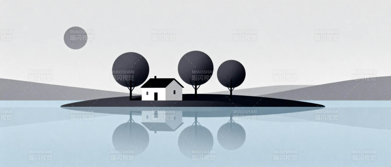 湖心小屋与树影图片