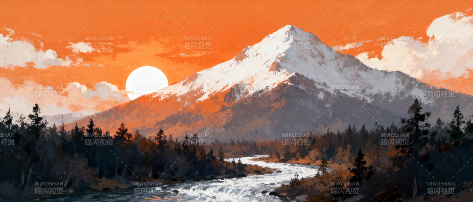 雪山日落溪流图图片