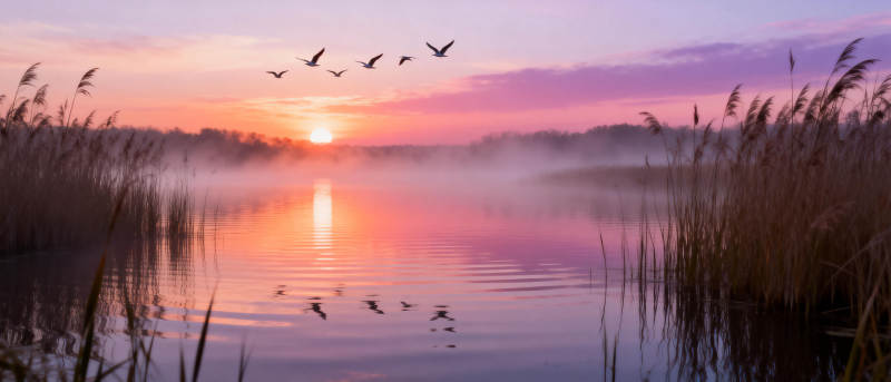 晨曦湖畔飞鸟图片